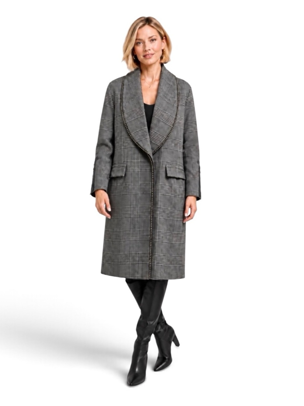GUESS NWT Black White Plaid Wool Blend Beaded Vegan Leather Coat Large